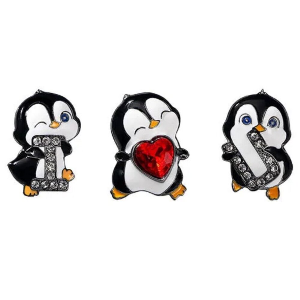 I Love You Penguin Lapel Pin Brooch Set With Rhinestones & Enamel